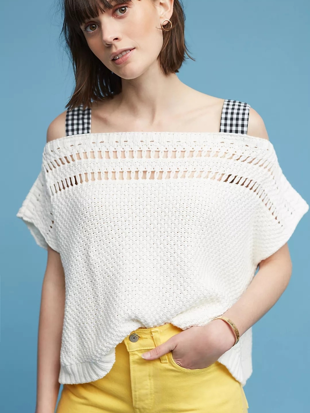 Maeve Gingham Ribbon-Sleeve Sweater